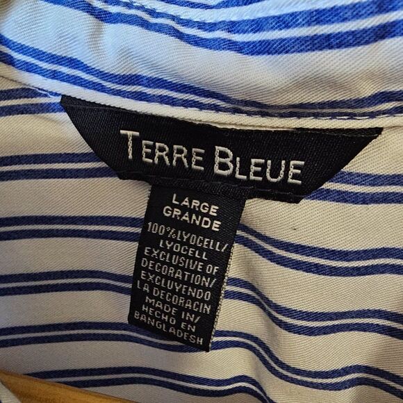 EUC LIKE NEW TERRE BLUE 100% LYOCELL STRIPED EMBROIDERED BUTTON DOWN DRESS SZ L - Picture 15 of 16